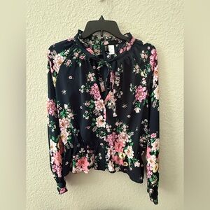 H&M Black Floral Blouse with Pink Accents Sz 12